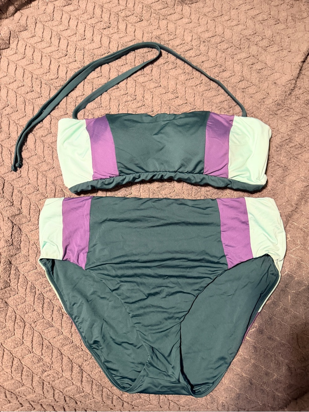 Time and Tru Green, Purple, and Light Mint Colorblock Bikini Set